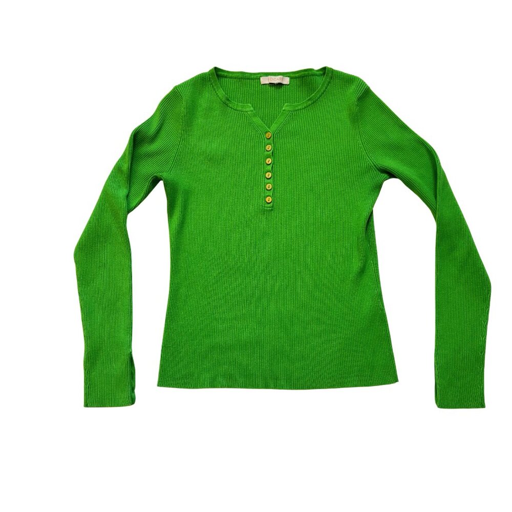 BOGARI Green Ribbed Knit Henley Long Sleeve Top Button Cuff Detail